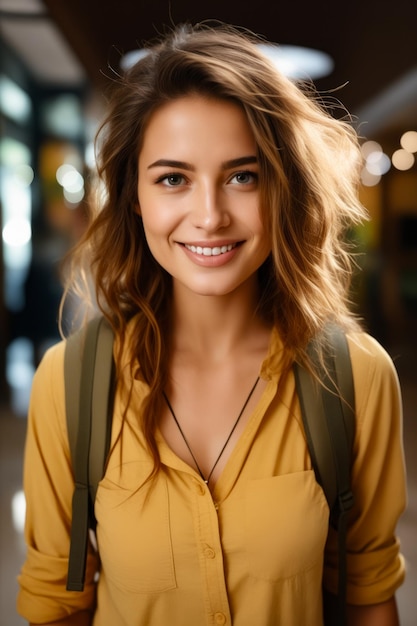 Woman with backpack smiling at the camera with blurry background Generative AI