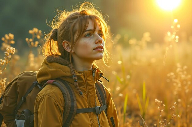 Photo a woman with a backpack standing in a field of tall grass