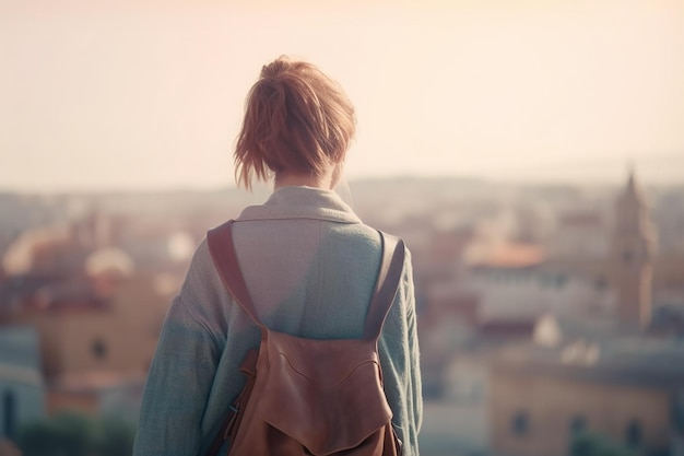 A woman with a backpack stands on a balcony overlooking a city.