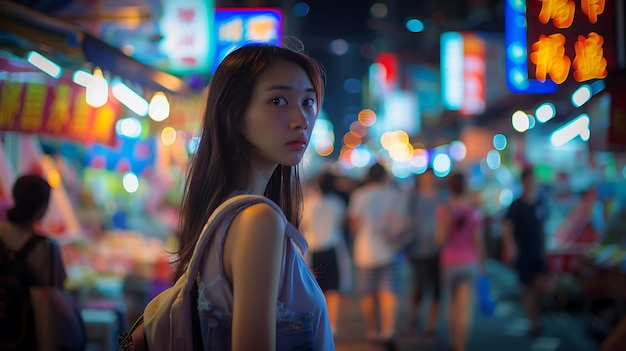 a woman with a backpack stands in a crowded street