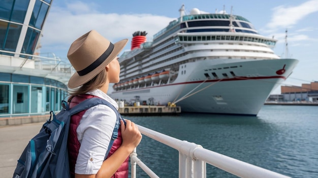 a woman with a backpack stands on a deck looking at a cruise ship