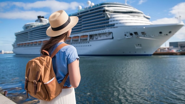 a woman with a backpack stands in front of a cruise ship