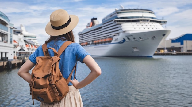 a woman with a backpack stands in front of a cruise ship