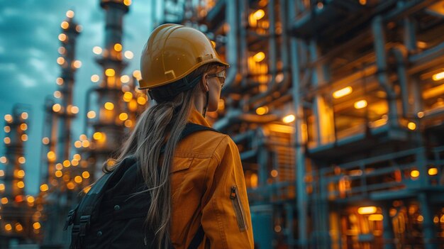 a woman with a backpack stands in front of a factory with a bright light in the background