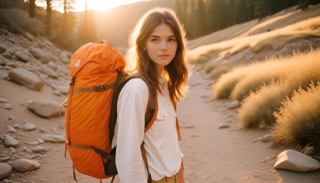 Photo a woman with a backpack stands in front of a field of grass