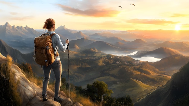 a woman with a backpack stands on a mountain top with the sun setting behind her