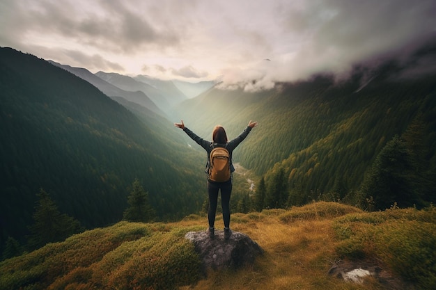 A woman with a backpack stands on a mountain top with the sun shining through the clouds.