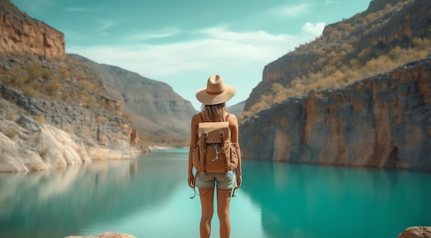 A woman with a backpack stands on a rock in a canyon.