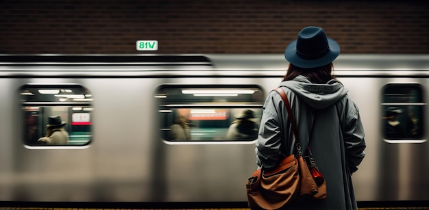 Woman with a backpack in the subway back view banner Generative AI