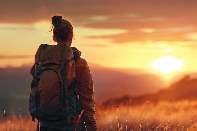 Photo woman with backpack at sunset