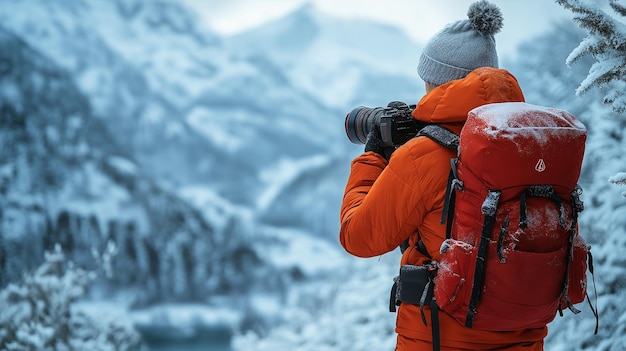 Photo a woman with a backpack takes a photo of a mountain