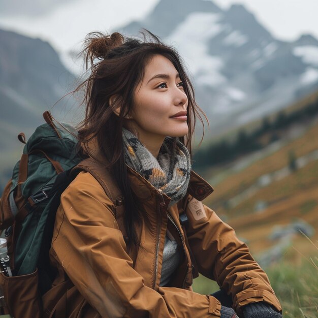 a woman with a backpack that says  she is sitting on a mountain