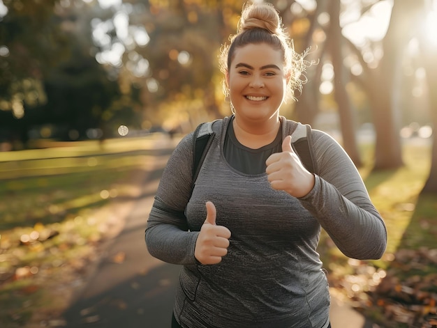 a woman with a backpack that says thumbs up