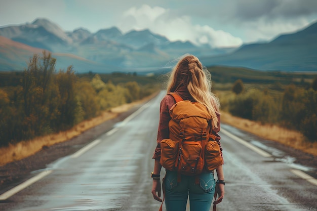 A woman with a backpack walking down a road in the mountains with a backpack on her back and a