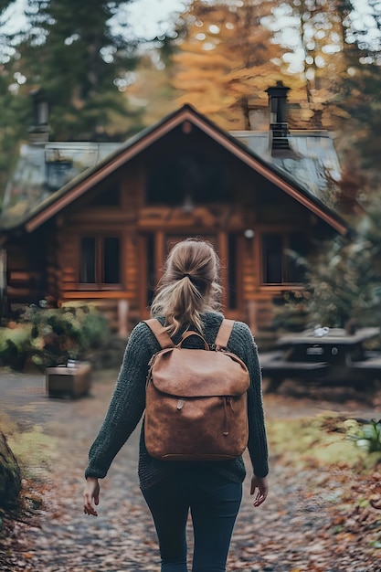 Photo a woman with a backpack walks down a path in front of a log cabin