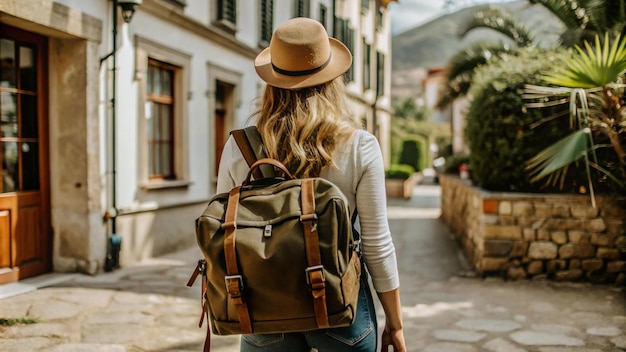 Photo a woman with a backpack walks down a street with a hat on