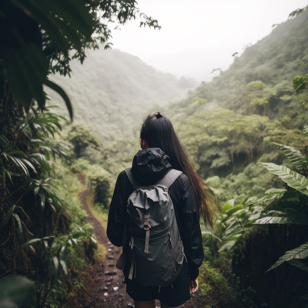 Woman with backpack walks down trail in the jungle Generative AI