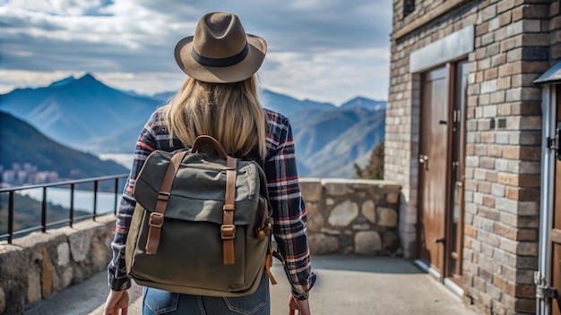 Photo a woman with a backpack walks towards a garage with mountains in the background