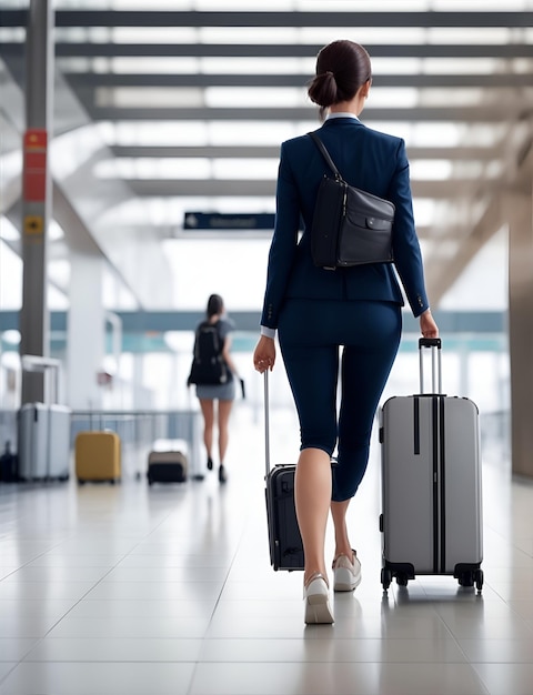 A woman with a backpack walks with her luggage