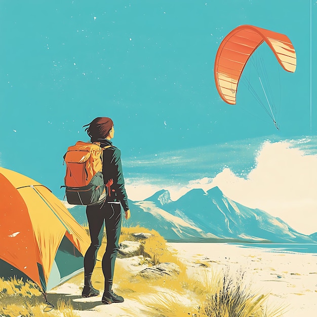 Photo woman with backpack watching paraglider fly over mountains