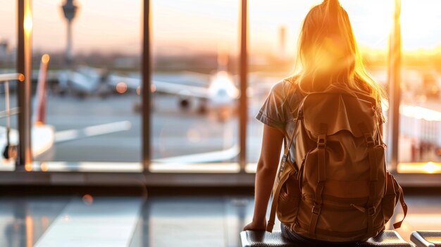 Woman with backpack watching sunrise at airport