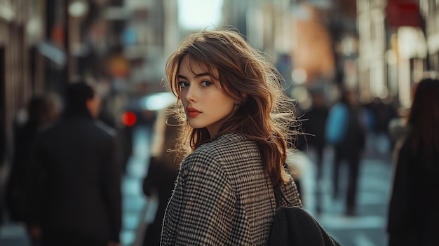 a woman with a bag on her shoulder walks down a street