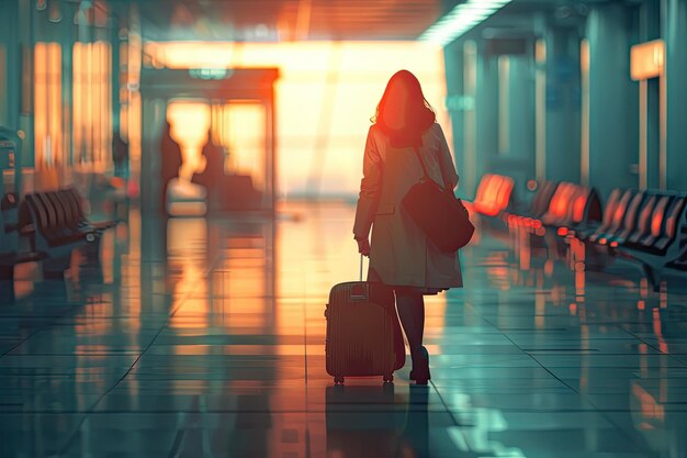 a woman with a bag of luggage at an airport