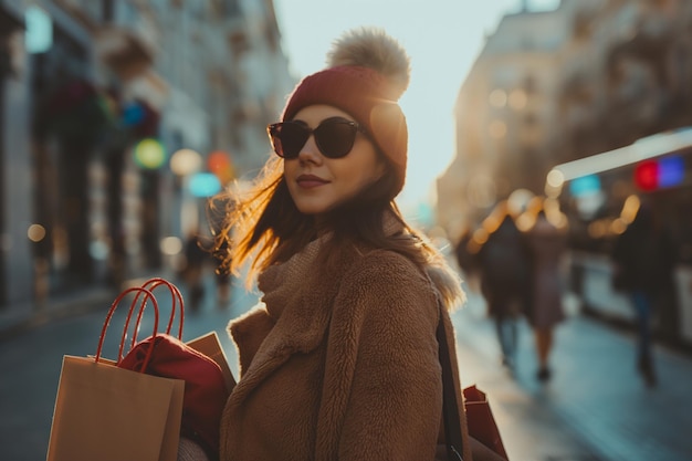 Photo a woman with a bag and a shopping bag on the street