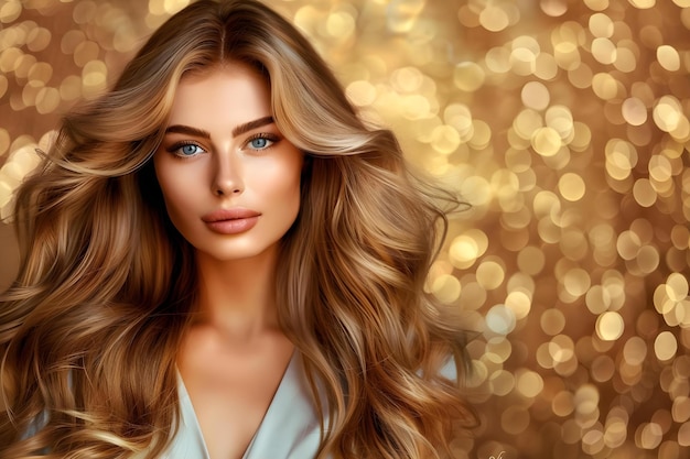 Woman With Balayage Hair On gold Background Concept Fashion Photography Portrait with Balayage Blonde Hair Inspiration Bold Background Glamorous Pose