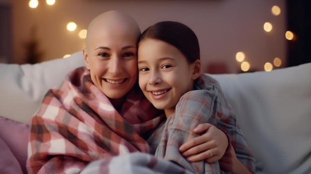 a woman with a bald head is holding a girl in a blanket