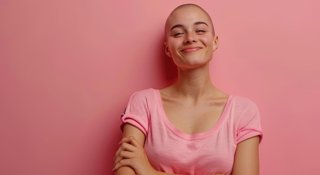 a woman with a bald head and a pink shirt on with a pink background