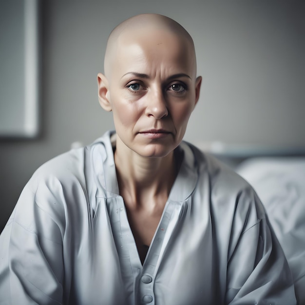 Photo a woman with a bald head wearing a shirt patient in hospital blad woman model photography