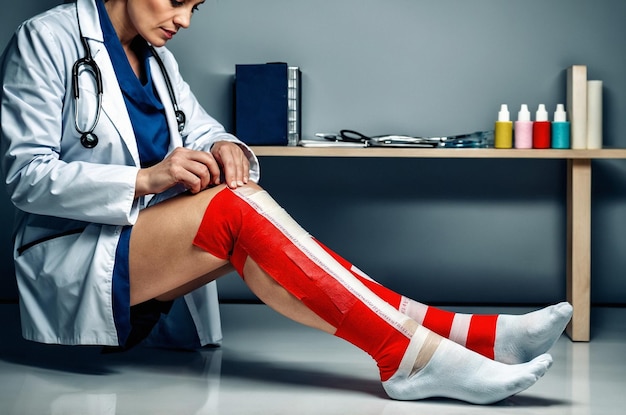 Photo a woman with a bandage on her knee sits on a floor