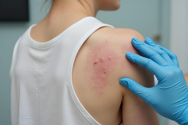 a woman with a bandage on her shoulder is holding a syringe