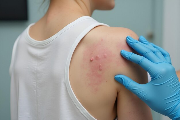 Photo a woman with a bandage on her shoulder is holding a syringe