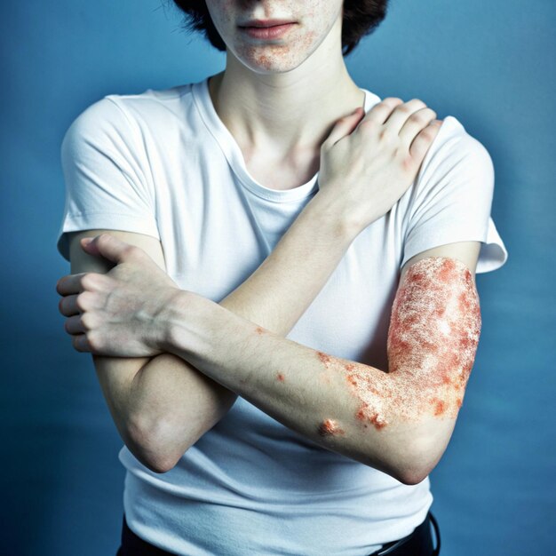 Photo a woman with a bandaged arm and arm that has blood on it