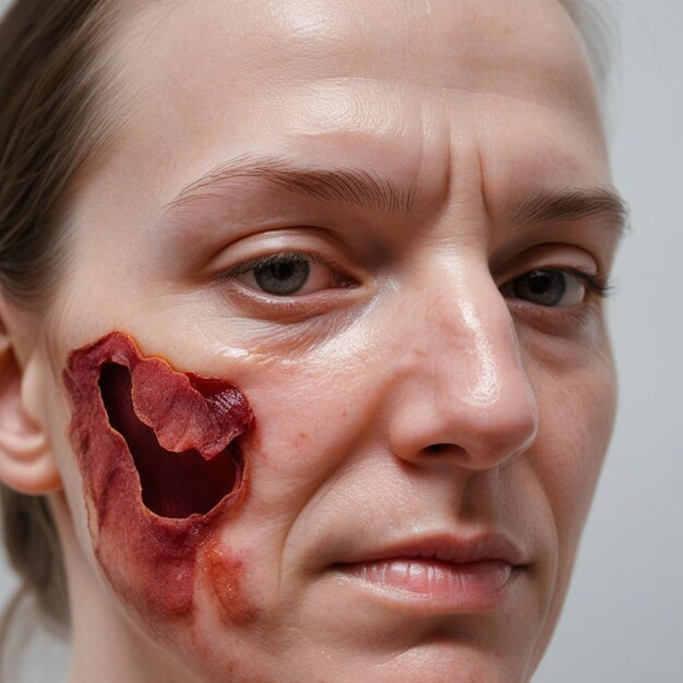 a woman with a bandaged face and a jaw on her face