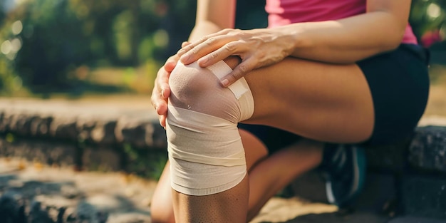 Photo woman with bandaged knee experiencing pain medical and health design