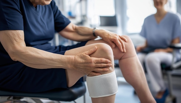 Photo a woman with a bandaged knee and knee that has the knee removed