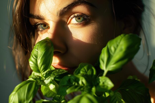 Photo woman with basil leaves against sunlight