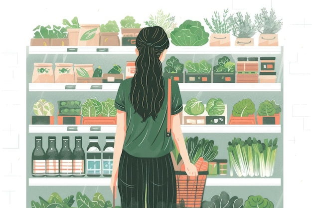 A woman with a basket in front of a counter with healthy food