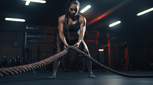 Woman with battle rope battle ropes exercise in the fitness gym gym sport rope training athlete work