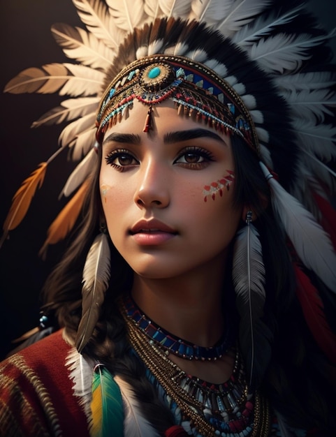 A woman with a beautiful face and her eyes painted with feathers and feathers.