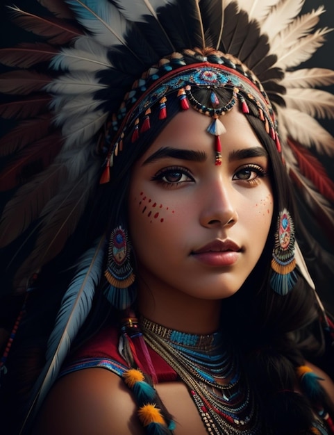 A woman with a beautiful face and her eyes painted with feathers and feathers