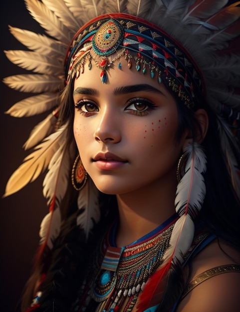 A woman with a beautiful face and her eyes painted with feathers and feathers