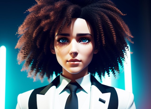 A woman with a big afro and a white shirt with blue eyes.