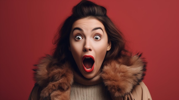 Photo a woman with a big mouth and a brown fur coat