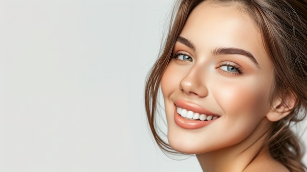 Photo a woman with a big smile and a white background