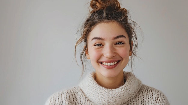 Photo a woman with a big smile and a white sweater