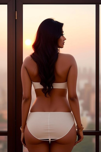 a woman with a bikini top is standing in front of a window with the sun setting behind her back